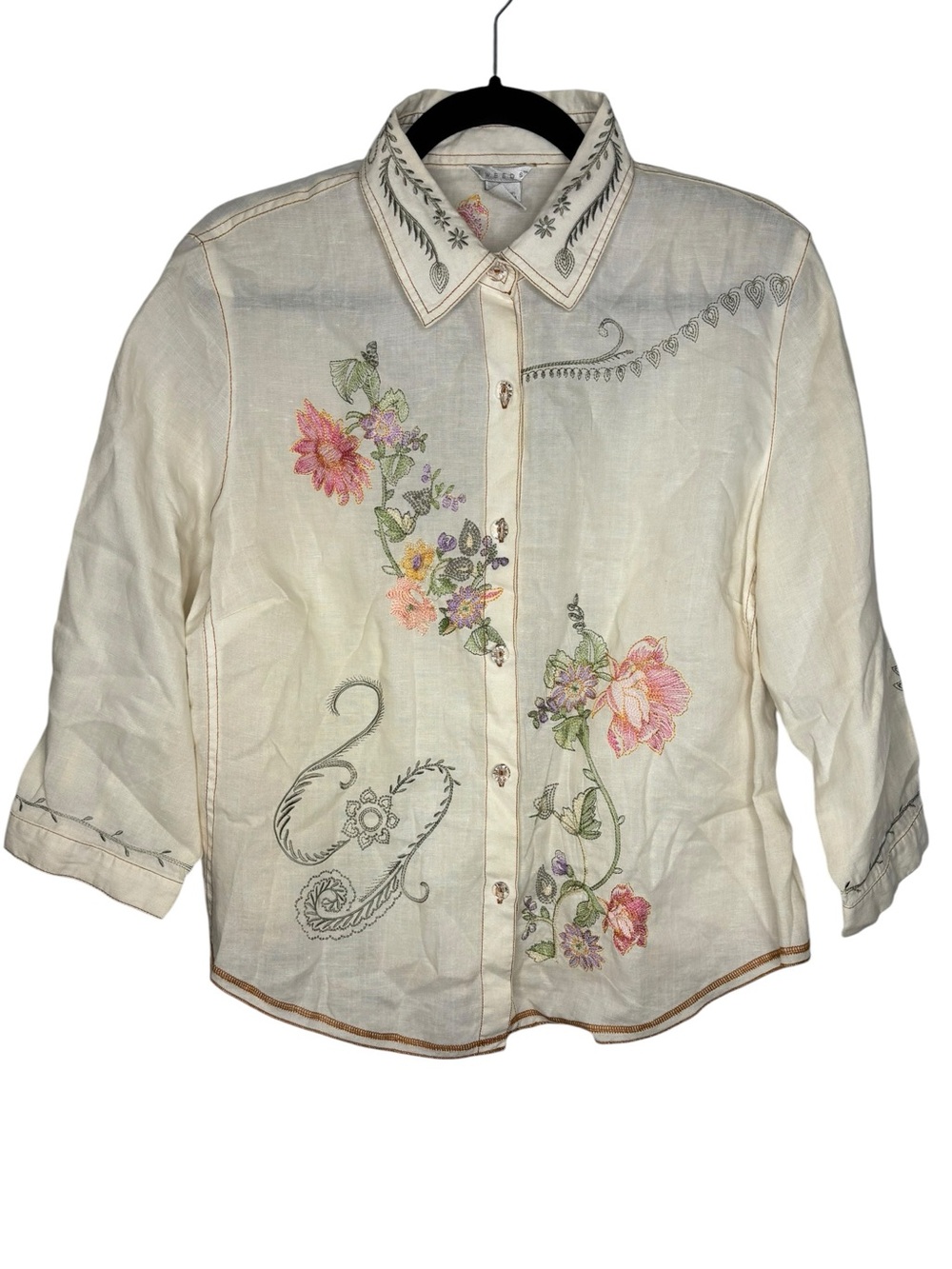 VTG Tweeds Linen Embroidered Floral Button Front Blouse Boho Cottagecore Large
